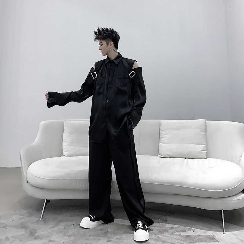 IEFB /men's wear Niche hollow strapless polarized shirt mercerized glitter loose high street Spring tops 9Y1470 210721