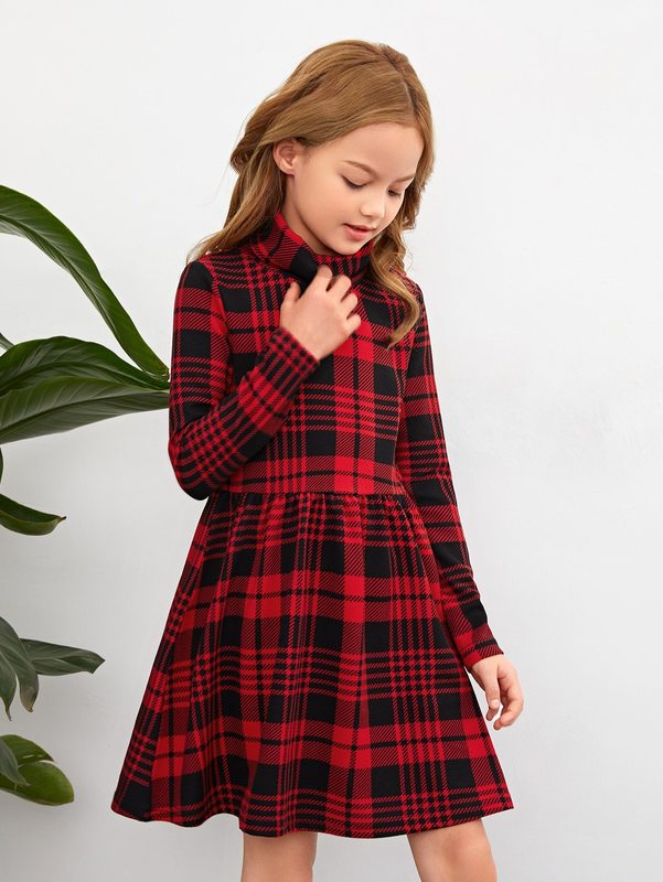 Girls Plaid Print Dress Without Belt SHE