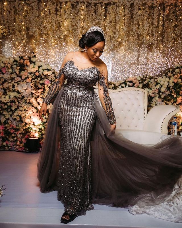 Size Plus Arabic Aso Ebi Grey Sparkly Mermaid Prom Dresses Lace Beaded Evening Formal Party Second Reception Birthday Engagement Gowns Dress ZJ