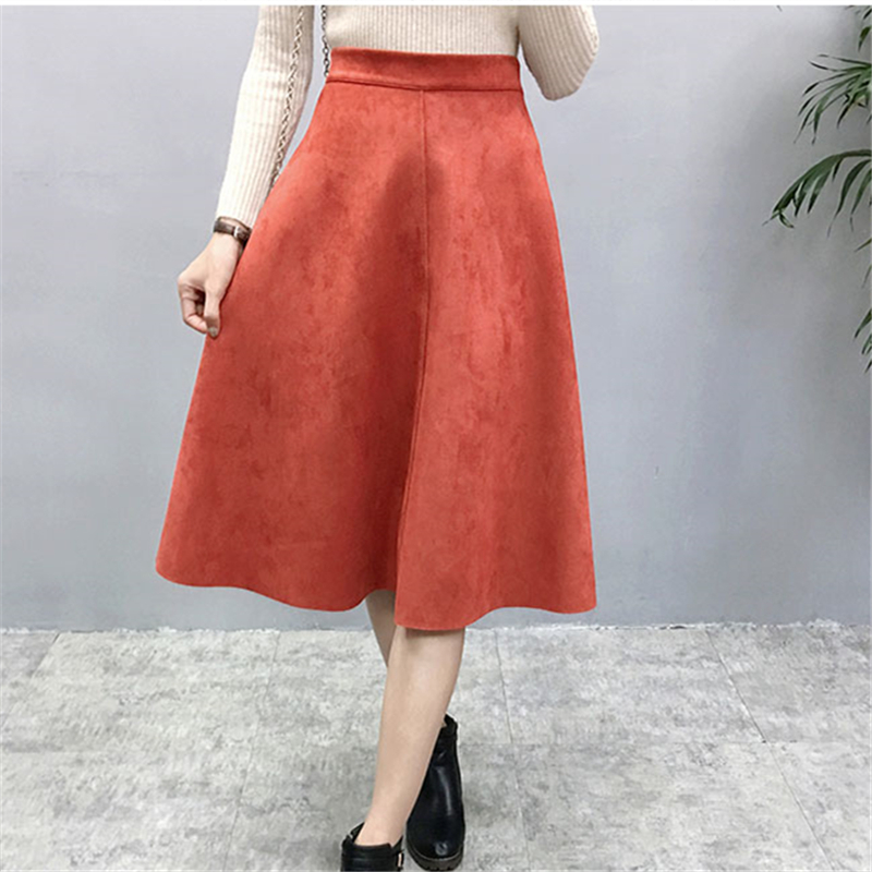 Neophil Women Suede High Waist Midi Skirt Winter Vintage Style Elastic Ladies A Line Black Green Flare Fashion Skirt S29A4 210306