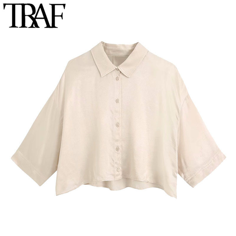 TRAF Women Fashion Button-up Loose Cropped Blouses Vintage Short Sleeve Cozy Female Shirts Blusas Chic Tops 210225