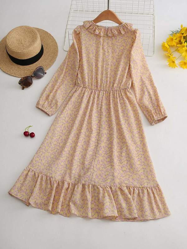 Girls Ditsy Floral Bishop Sleeve Ruffle Trim Dress SHE