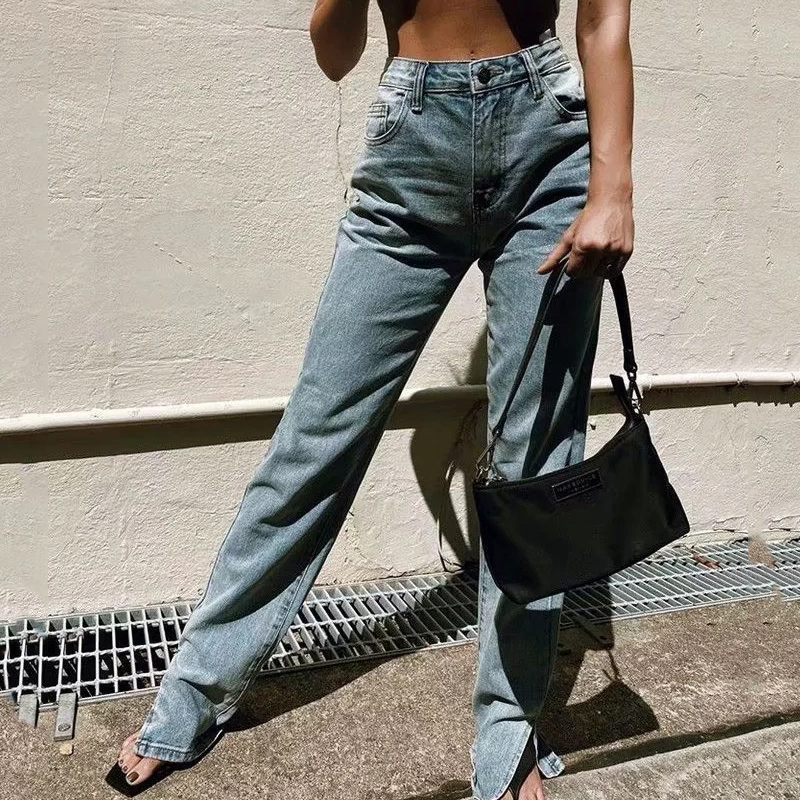 Women high waist jeans pant Spring loose solid denim jeans pants Button Summer retro ladies zipper blue denim Floor split pants 210222