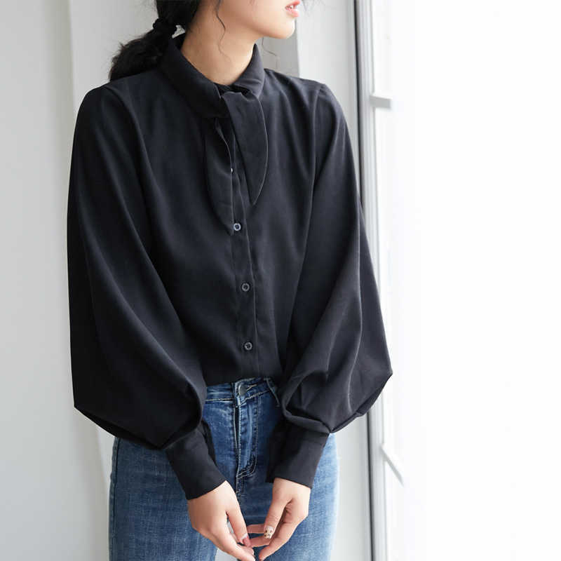 Hong Kong Style Vintage Female Shirts Bow Tie Rabbit Ear Temperament Lantern Sleeve Joker Loose Women Tops and Blouses 6461 50 210528