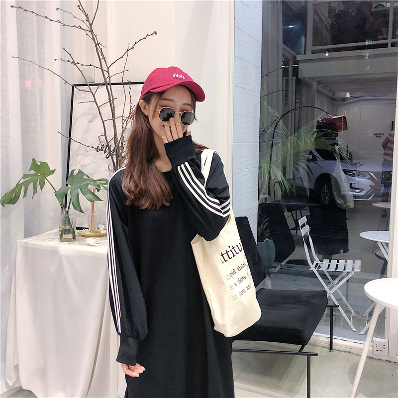 Women Autumn Long Hoody Dress Straight Long Sleeve Striped Loose Oversized Casual Split Femme clothes 201103
