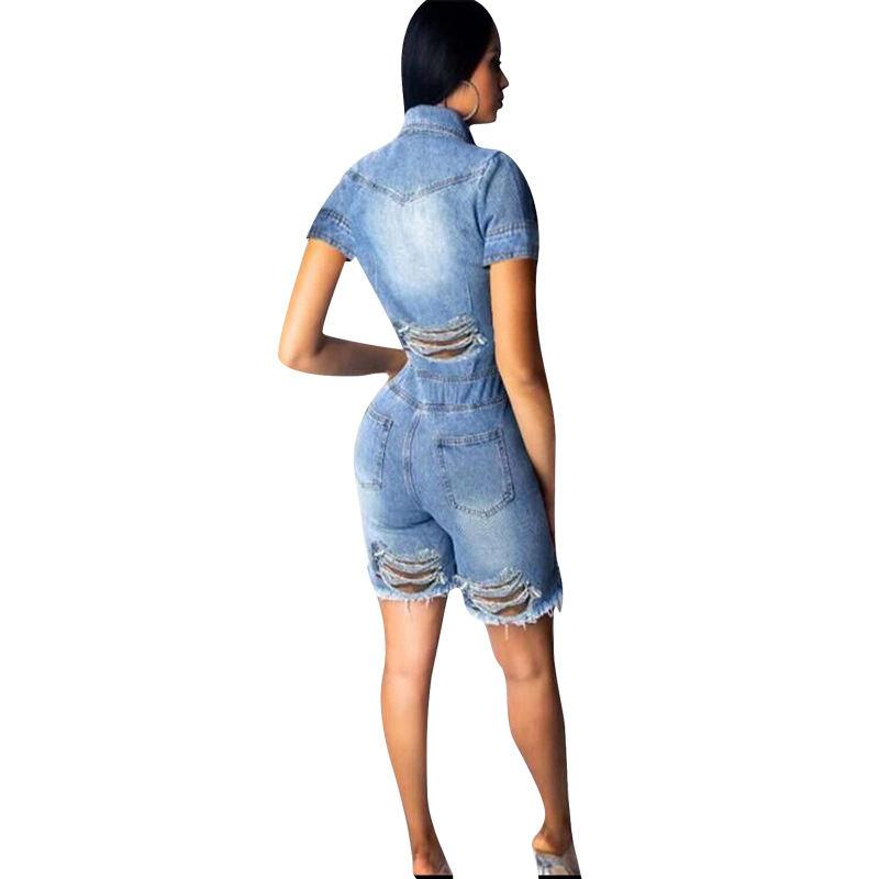 Echoine Denim Jumpsuit Single Button Hole Sexy Playsuit Short Pants Overall Jeans Bodycon Romper Women Clothes Casual Streetwear