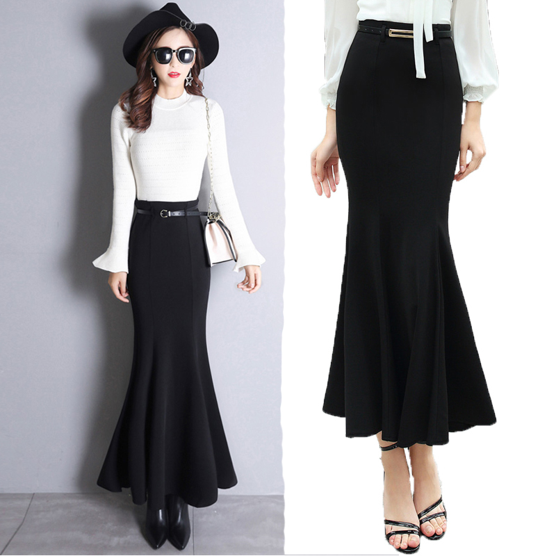 Spring Women Skirt Ruffles Slim High Waist Long Package Buttocks Tail Skirts Red Black 1890 210309