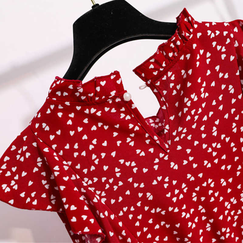 Vintage Butterfly Sleeve Ruffles Heart Dot Print Dress Women Medium Long Chiffon Ladies Spring Summer Dress Red Black Blue 210630