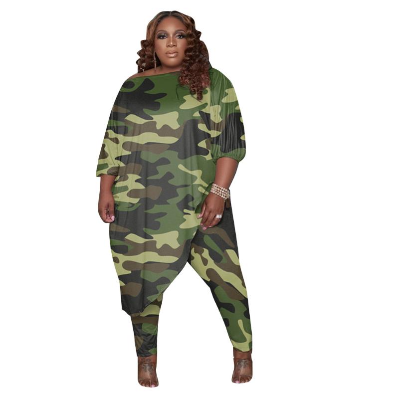 Casual Dresses Autumn Style Trendy Plus Size Women Clothing Tracksuit Womens Long Loose Camouflage Oblique Shoulder Wholesale Drop