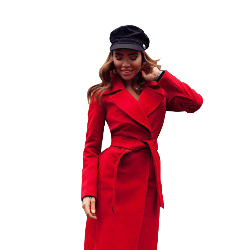 TAOVK Women's Jackets & Coats Medium-long Belt Wool & Blends Coat Turn-down Collar Solid Color Pockets Parka 210218