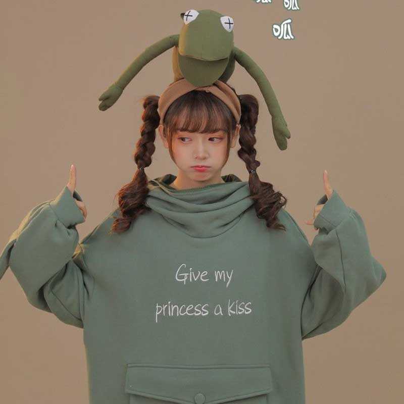 NiceMix Women Autumn Thick Loose Sweatshirt Harajuku Letters Printed Lovely Frog Casual Hooded Hoodies Pullover Female Thicken C 210910