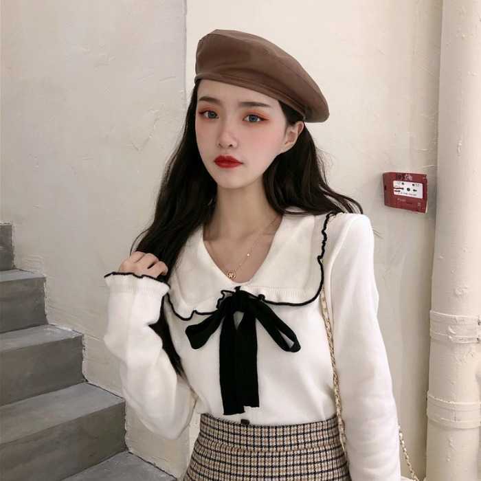 Nomikuma Autumn Sweet Bow Tie Knitwear Korean Ruffle Turn-down Collar Knitted Cardigan Slim Long Sleeve Sweater 6D075 211014