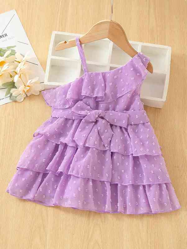 Baby Swiss Dot Asymmetrical Neck Layered Hem Belted Dress SHE