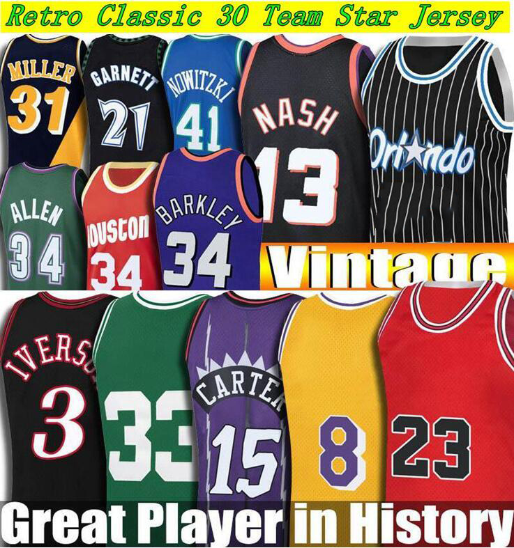 Vintage Vince Allen Carter Iverson Basketball Jersey Steve Hakeem Nash Jerseys Ray Garnet Miller Hill Rodman Malone McGrady, As shown 
Vintage Vince Allen Carter Iverson Basketball Jersey Steve Hakeem Nash Jerseys Ray Garnet Miller Hill Rodman Malone McGrady, As shown