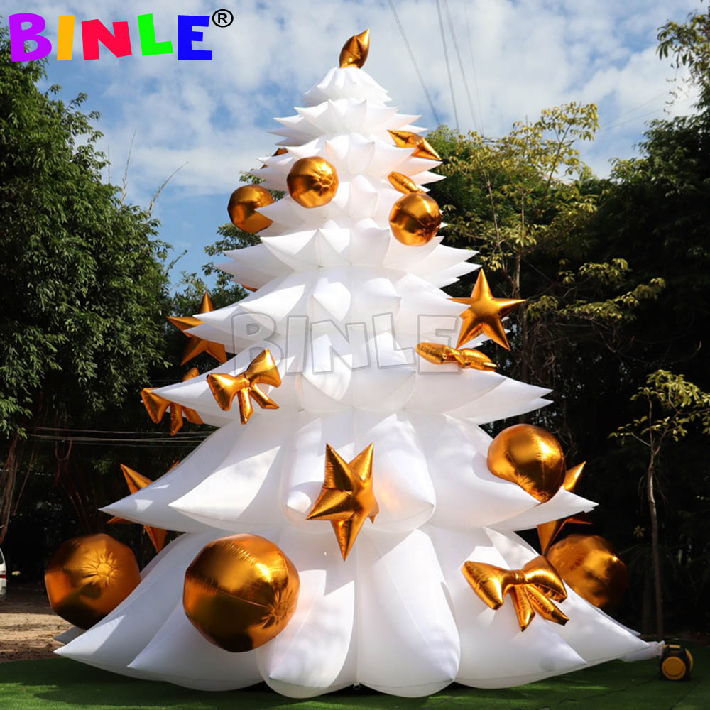 8m Tall LED Lighted Lage White Inflatable Christmas Tree With Golden Balls,Holiday Ornaments Balloon For Outside Night Show