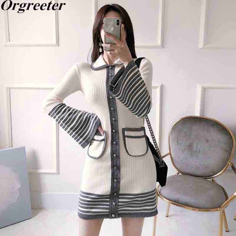 High Quality Knitted Dress Women Sweet Peter Pan Collar Long Flare Sleeve Single-Brested Striped Mini Sweater 210525, Yellow
High Quality Knitted Dress Women Sweet Peter Pan Collar Long Flare Sleeve Single-Brested Striped Mini Sweater 210525, Yellow