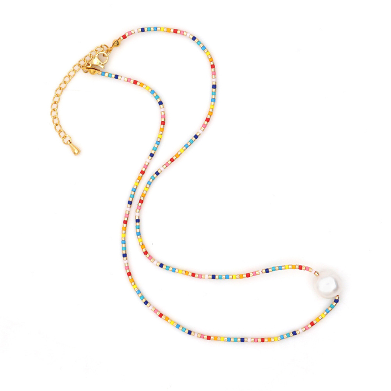 Colorful Design Glass Beaded Pearl Charm Necklace Bohemian Style Women Jewelry