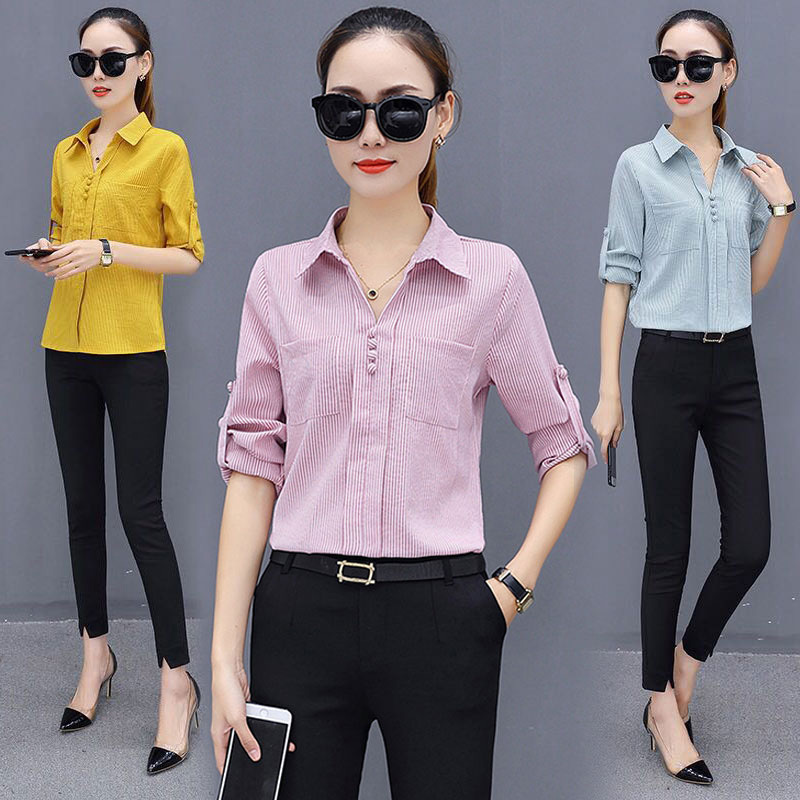 Office Work Wear OL Women Spring Summer Style Chiffon Blouses Shirts Lady Casual Long Sleeve Striped Blusas Tops DF1884 210225