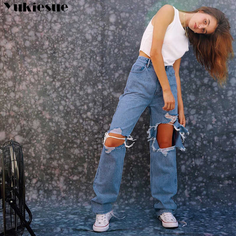 streetwear high waist women's fashion jeans woman ripped hole women wide leg pants trousers female jean femme denim bagge 210922
