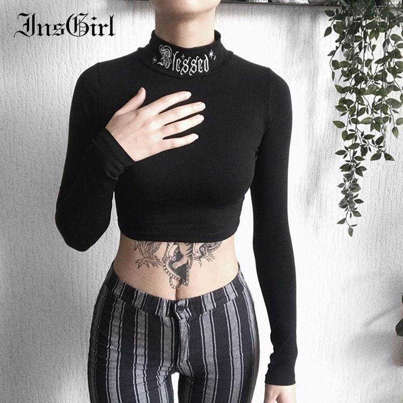 InsGirl Dark Goth T-shirt Women Blessed Letter Embroidered Turtleneck Slim Tumblr Clothes Y2K E-girl Punk Street Bottom Top Tees 210302