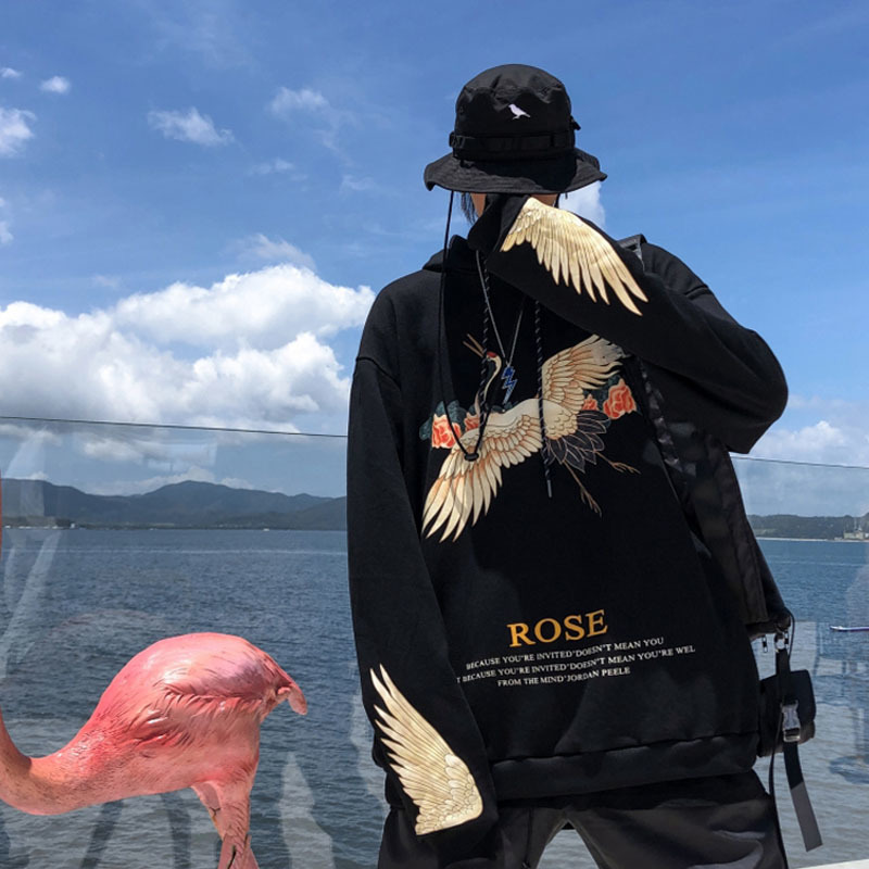 Fashion Style Japanese Crane Printing Hoodies Men 100%Cotton Fashion Long Sleeve Black Hoodie 201126