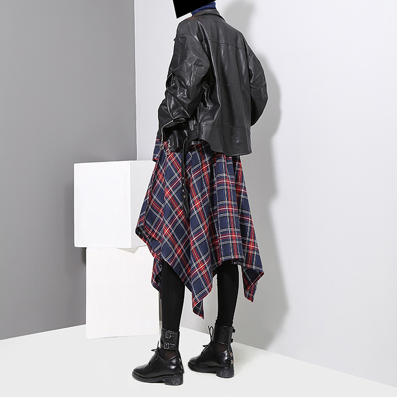 Korean Style Woman Red Plaid Asymmetrical Skirt Sashes High Waist Midi Belted Ladies Casual Unique Irregular Checker Skirt 3027 210306