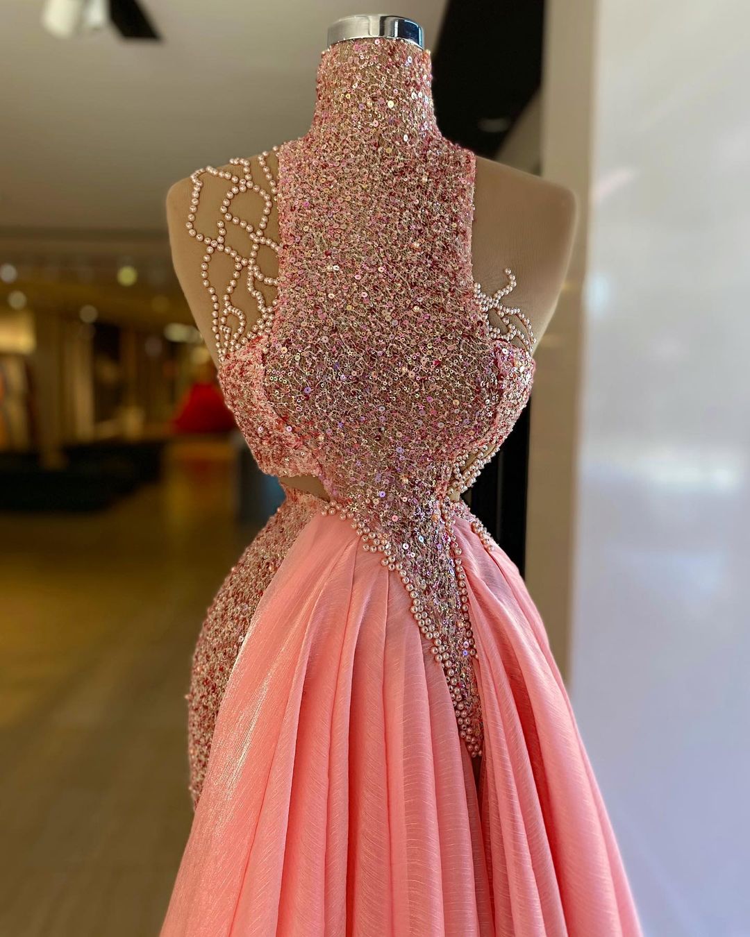 aso ebi 2021 arabic coral sexy sparkly evening dresses beaded aline prom dresses high neck chiffon formal party second reception gowns zj22