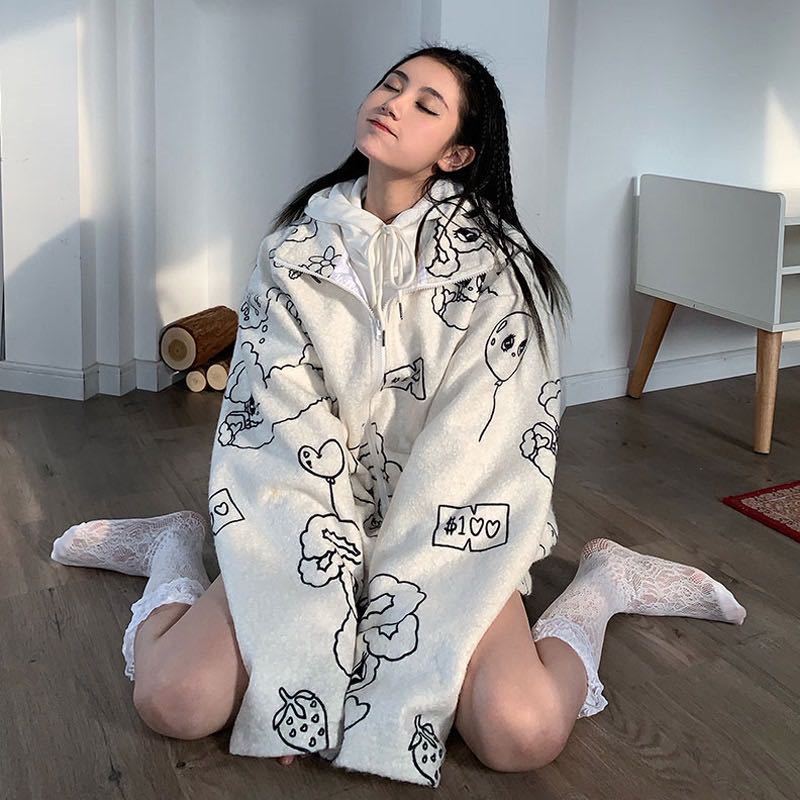 HOUZHOU Autumn Winter Zip Up Hoodie Plus Size Kawaii Loose Fashion Sweatshirt Women Long Sleeve Cute Print Women Hoodies 201028