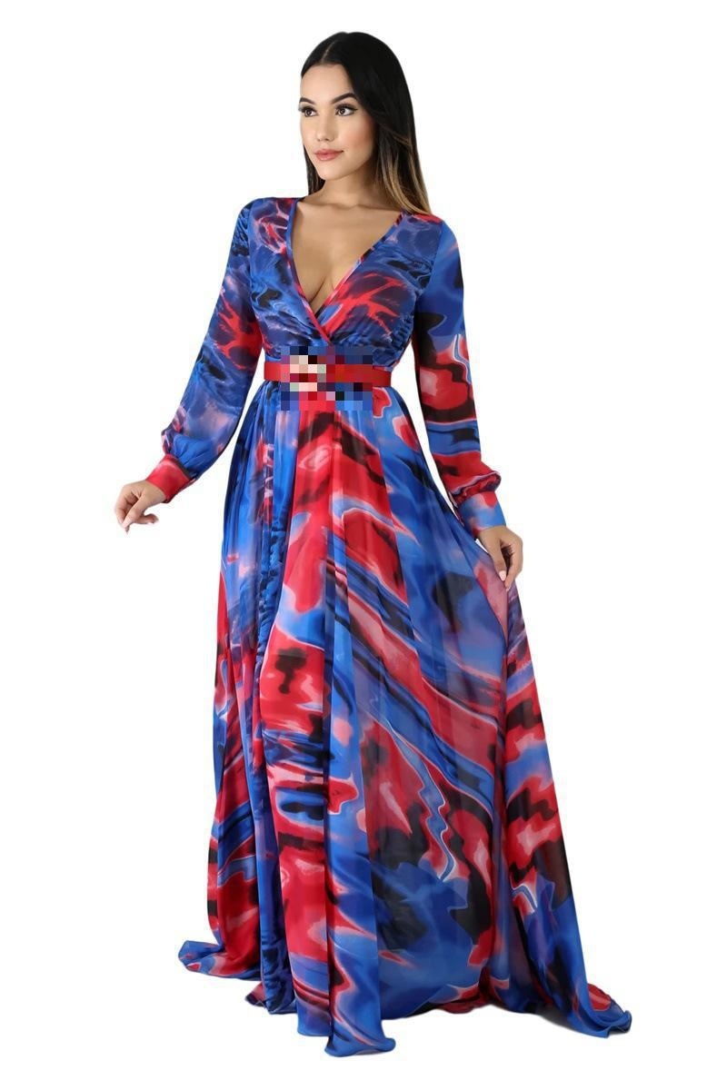 Women Dress V-neck Long Sleeve Plus Size Print Dresses Sexy Vintage Flowers Summer Clothes 210524