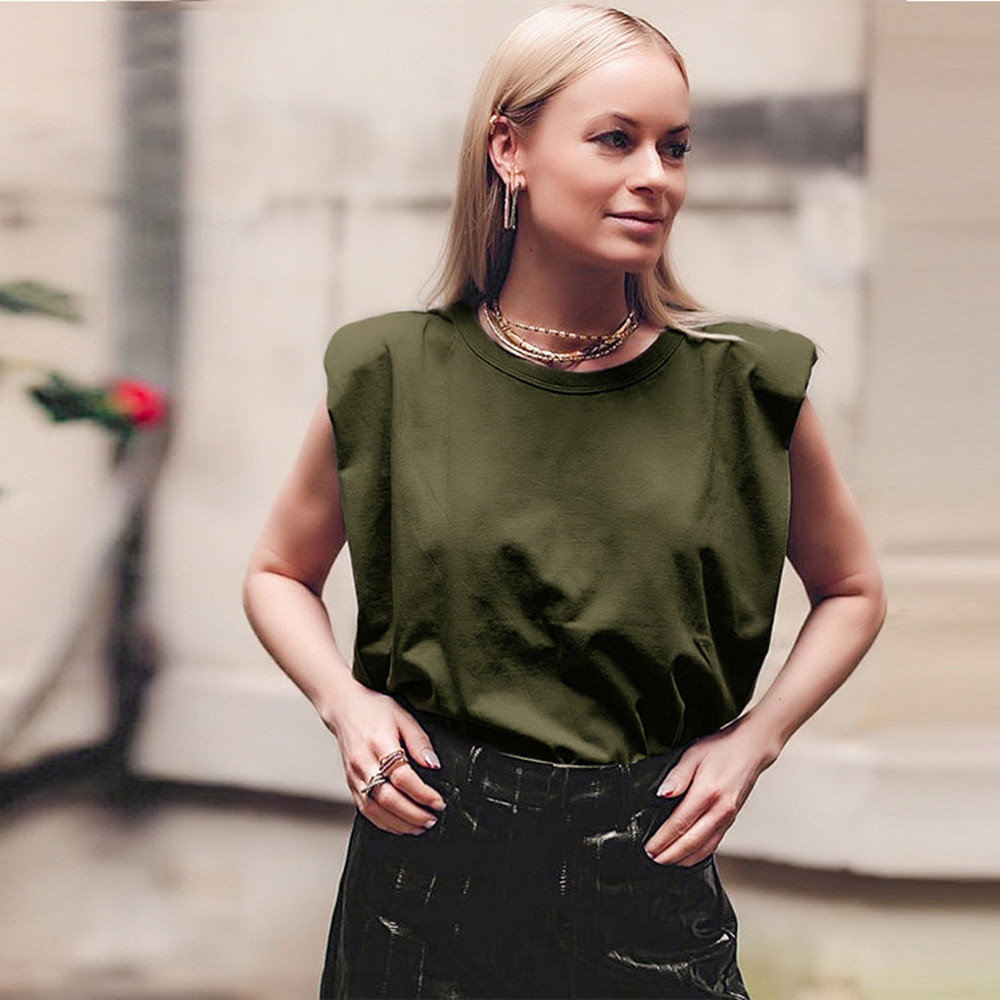 Cotton Shoulder Padded Korean Women T-Shirt O-Neck Sleeveless Solid Female T Shirt New Summer Casual Loose Ladies Top Tees 210302