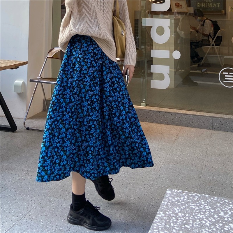 Spring Vintage Floral Print Ruffle Pleated Long Skirts Women Korean Skirt Streetwear Drawstring Elastic Waist Midi Skirt 210306