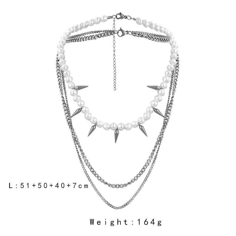 Chokers Three Layer Punk Rivet Pearl Beaded Choker Necklace Jewelry Men's