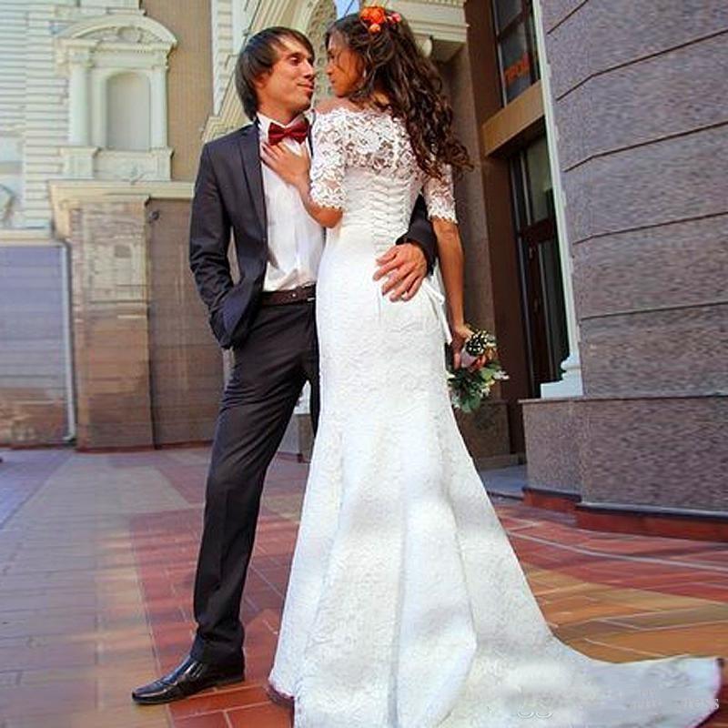 Vintage Lace Mermaid Wedding Dresses with 1/2 Half Sleeves Corset Back Sweep Train Off the Shoulder Custom Made Country Wedding Gown vestido