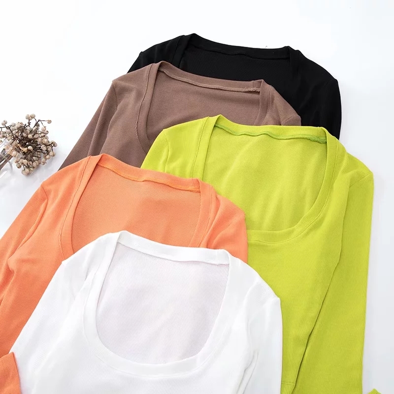 Women Scoop Neck Ribbed Crop T-shirt With Long Sleeve Cropped Top 210302