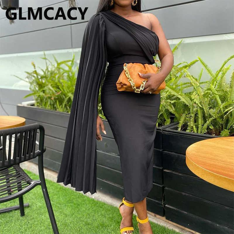 One Shoulder Cape Sleeve Elegant Evening Party Midi Dress 210702