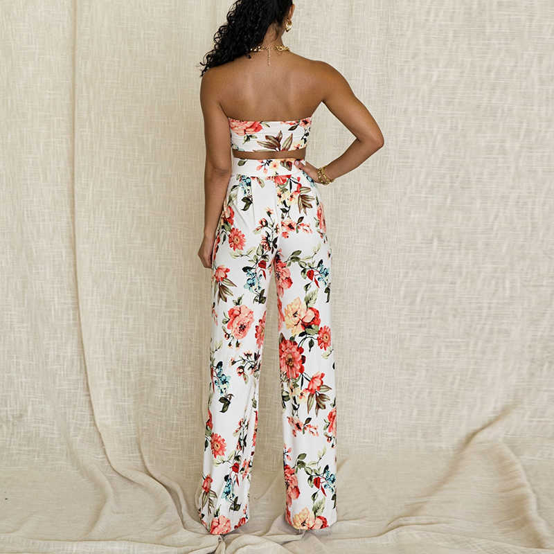 Colysmo Sexy Two Piece Set Women Summer Knotted Crop Top Wide Leg Long Pants 2 Sets Floral Print Casual Clothes 210527