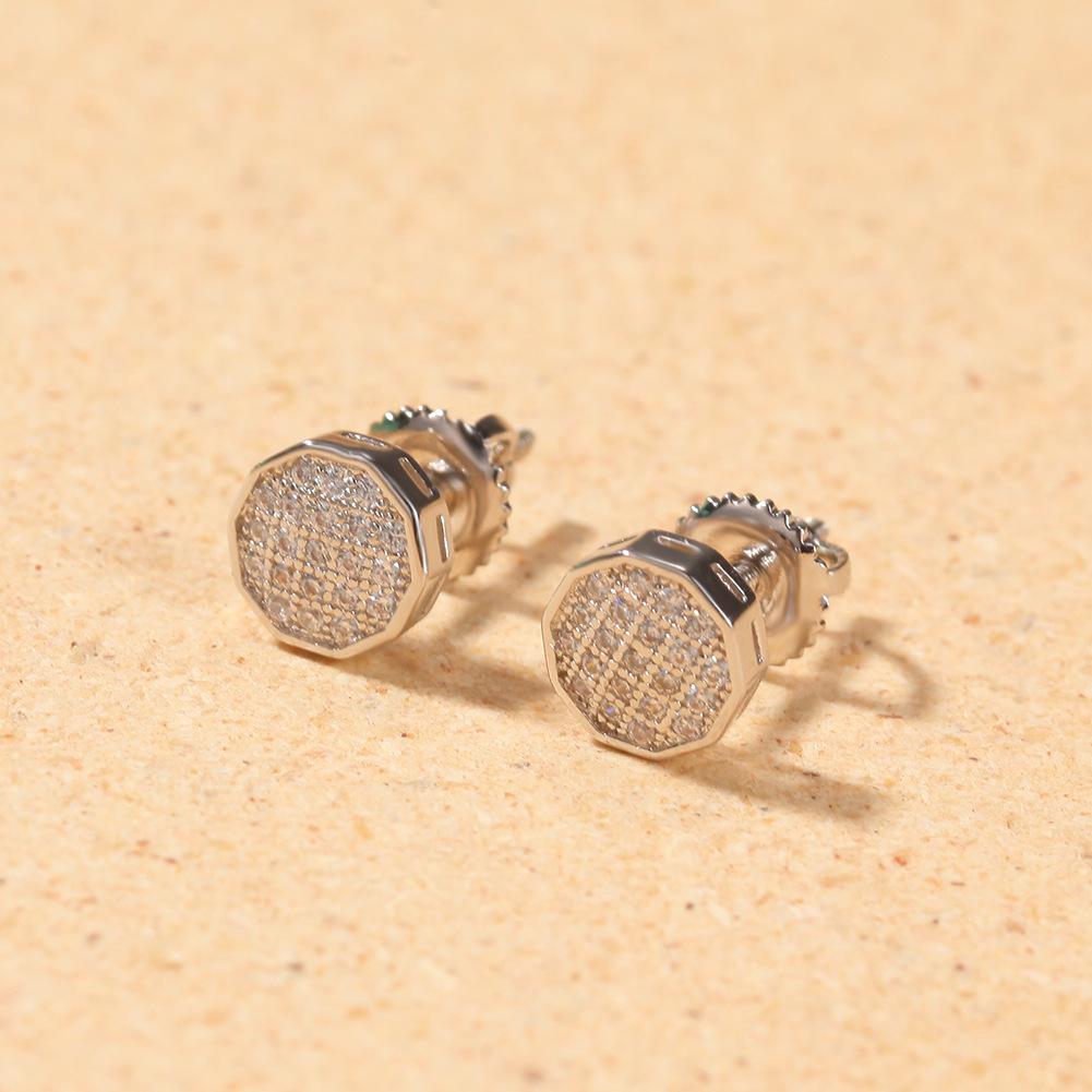 Real Gold Plated 925 Sterling Silver Stud Earring Hip Hop Cubic Zirconia Square Heart Love Polygon Earrings Studs for Men Women Bling Diamond Rapper J