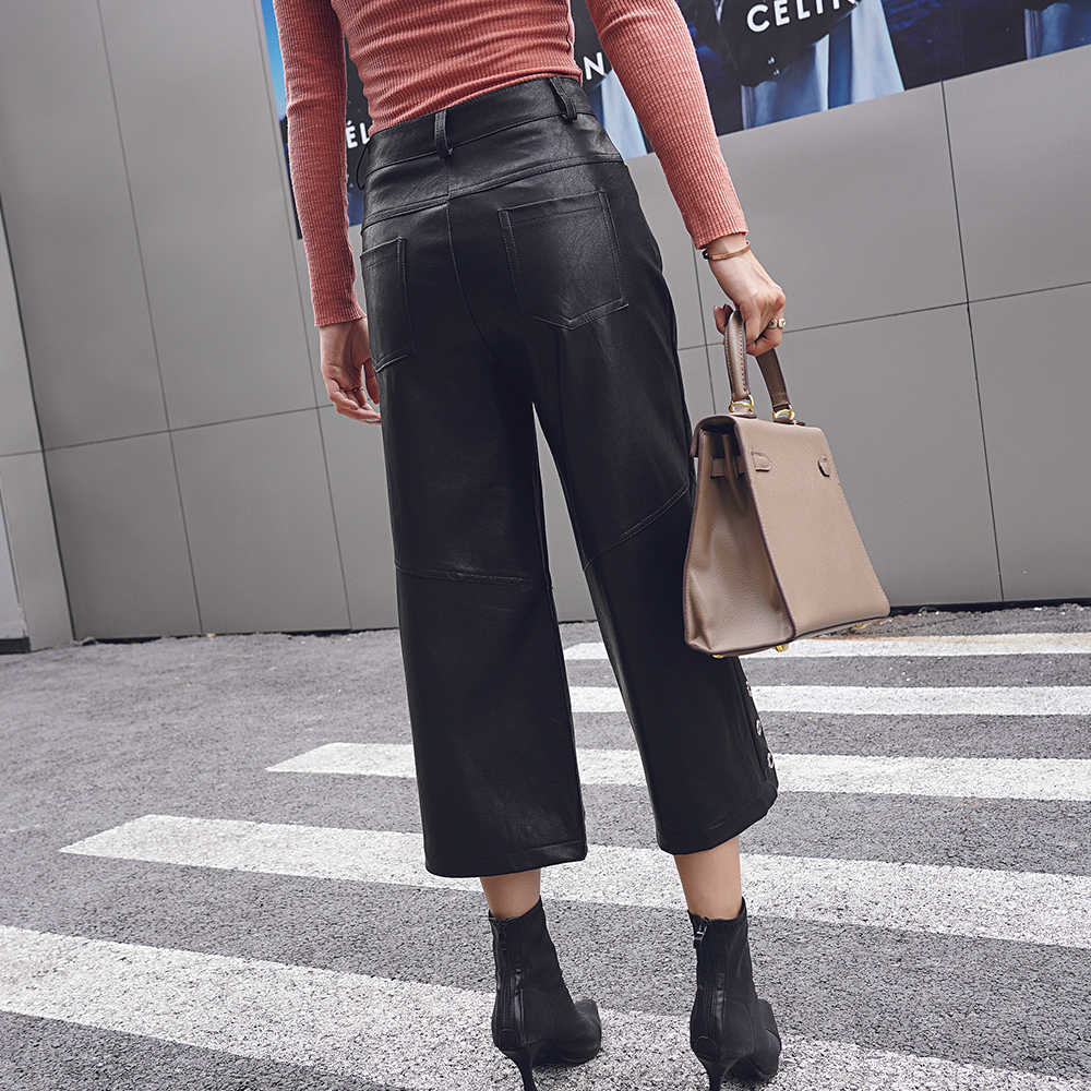 British Style Women's PU Leather Pants Mid-Waist Cropped Casual Straight Wide Leg Trouser Motorcycle Plus 210601