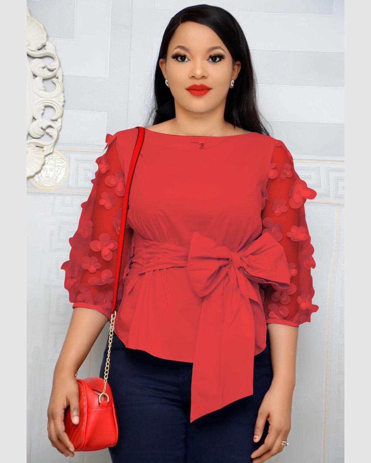 African Dresses For Women Top Dashiki African Clothes Africa Dress Mesh Bow Ladies Tops Clothing Ankara Plus Size African Dress 210225