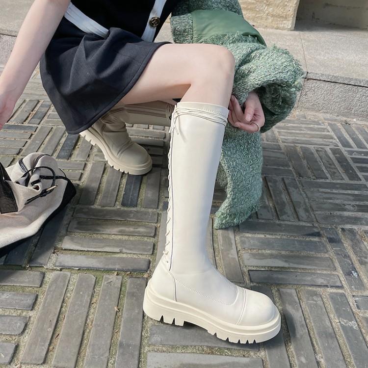 Boots Ochanmeb Chic Back Lace-up Cross-tied Kneehighs Goth Motorcycle Women Beige Burgundy Black Platform Chunky Long Shoe
