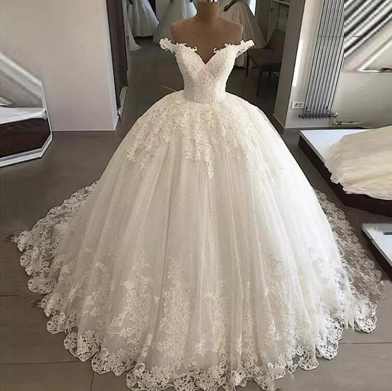 Custom Made Off Shoulder Lace Ball Gown Wedding Dresse Appliqued Sequins Cap Sleeves Court Train Lace Up Tulle Wedding Bridal Gowns, White
Custom Made Off Shoulder Lace Ball Gown Wedding Dresse Appliqued Sequins Cap Sleeves Court Train Lace Up Tulle Wedding Bridal Gowns, White