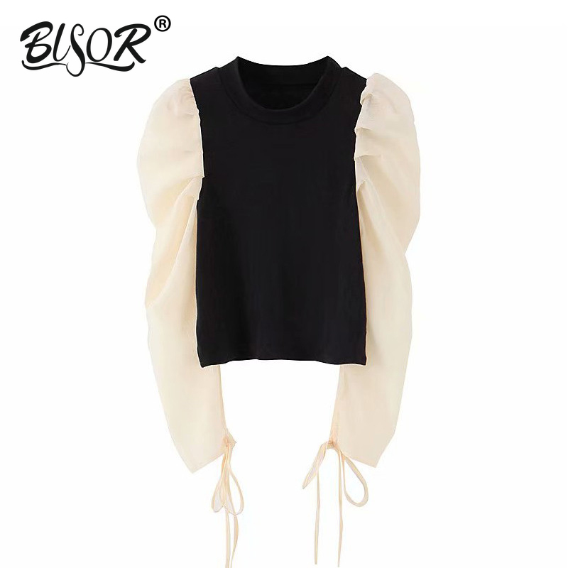 Women sweet patchwork blouse O neck long puff sleeve shirt female office wear basic cute tops blusas 210225