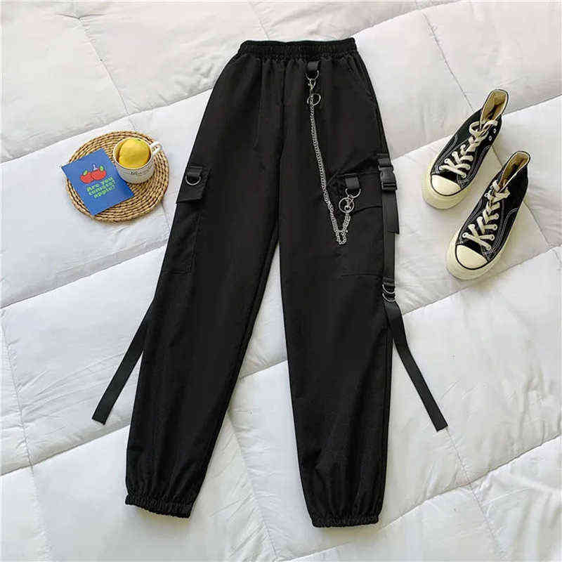 Spring Chain Cargo Pants Female 2 piece Hooded Sweatshirt+Joggers Women Letter Printed Black Set Wemon 211115