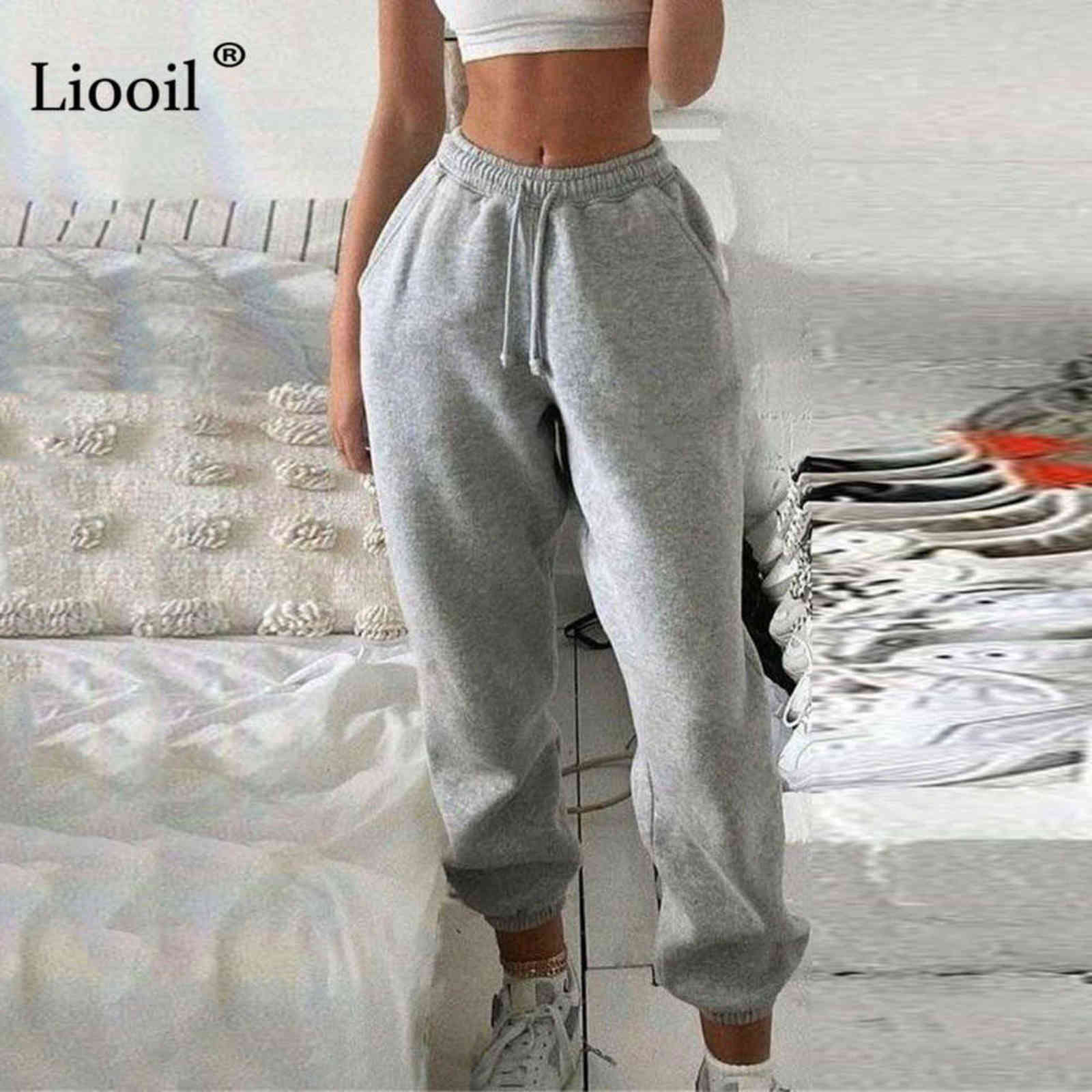 White Fleece Baggy Sweat Pants Women Autumn Winter Sexy High Waist Trousers With Pocket Streetwear Thick Joggers Sweatpants 211115