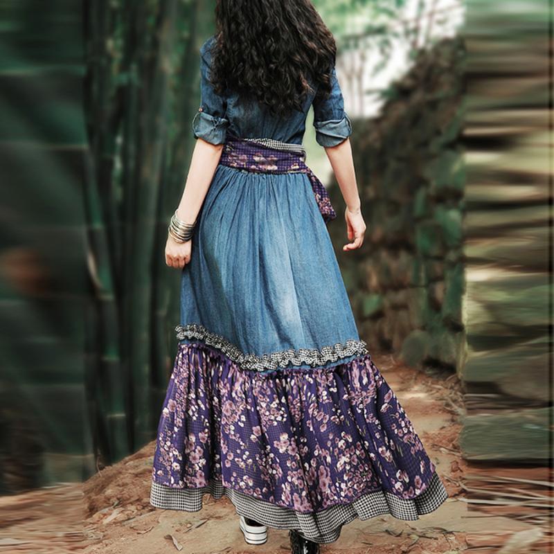 Casual Dresses High Quality 2021 Bohemian Long Maxi Denim Chiffon Patchwork Spring Boshow Three Quarter Sleeve Jeans Dress With Flower Belt