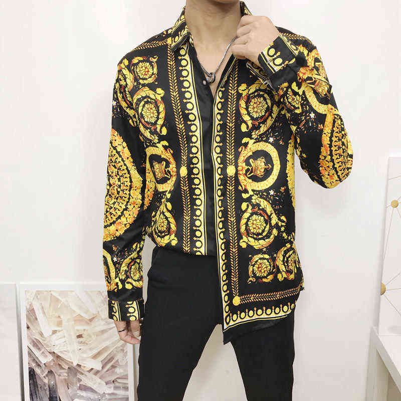 New Autumn Men Dress Shirts Hipster Long Sleeve Fancy Shirts Men Luxury Design Baroque Floral Print Wedding Party Prom Shirts H1210