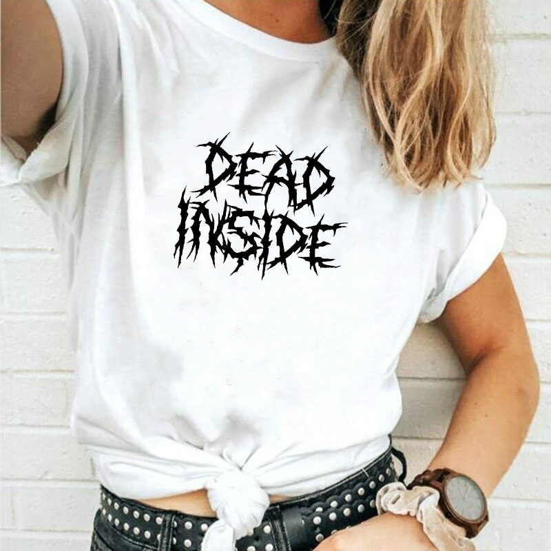 Dead Inside Letter Printed Woman Tshirts Grunge Tumblr Gothic Short Sleeve Cotton Graphic Oversized Tshirts Tops Women Clothes 210302