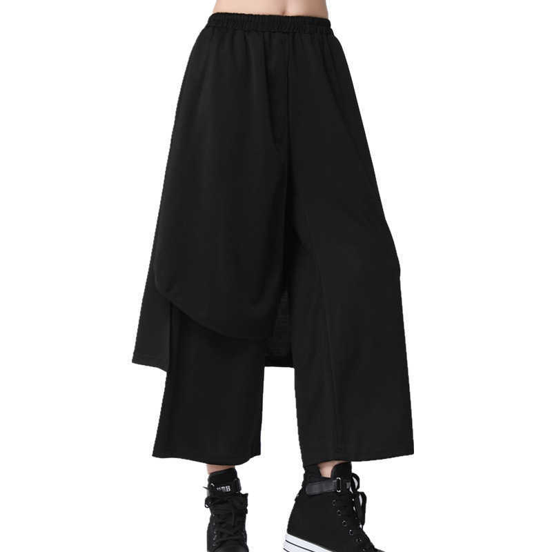 Spring Loose Spliced High Waist Flat Women Fashion Ankle-length Elastic Wide Leg Pants OA866 211115