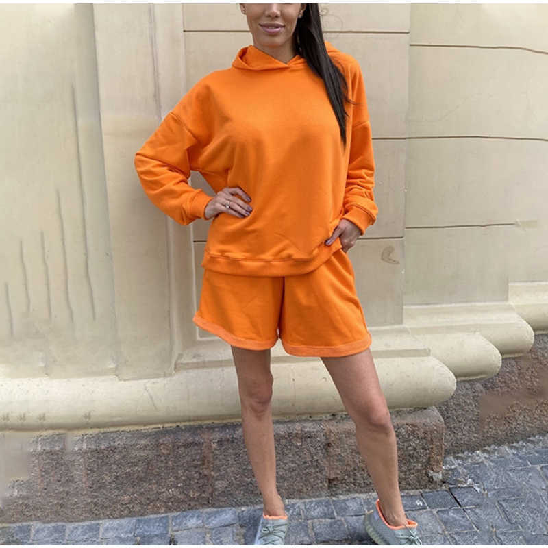 Womens Tracksuits 2 Piece Set Summmer Autumn Oversize Sweatshirt + Sporting Shorts Sweat Set Two Piece Outfit Solid Color Sets 210709