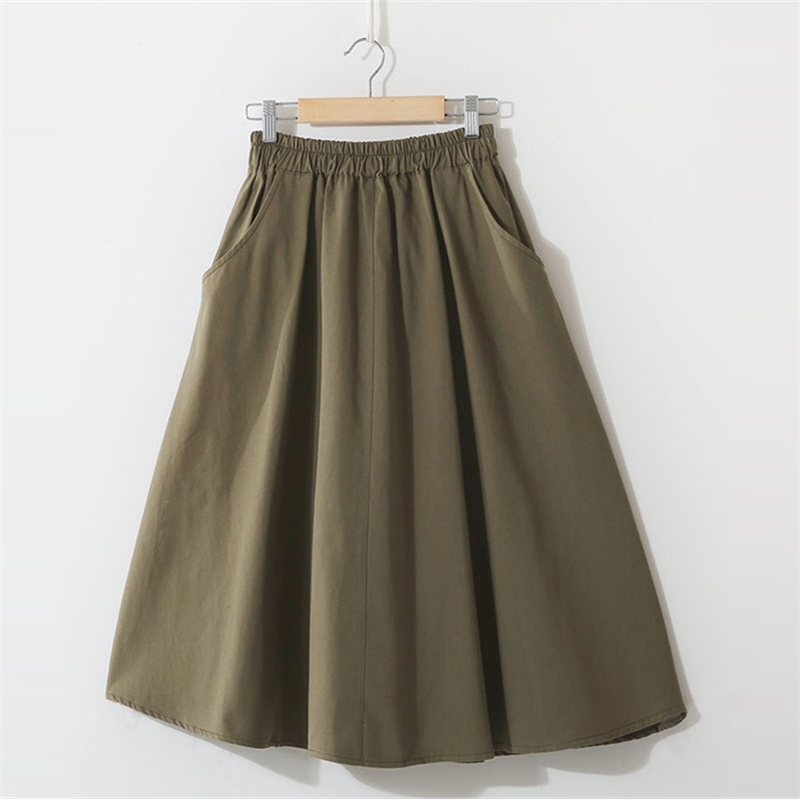 Spring Summer Solid Cotton Skirt Women Elastic High Waist Midi Skirts Femme With Pocket Simple Black Skirt Women Korean Skirt 210306